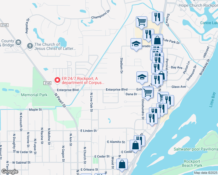 map of restaurants, bars, coffee shops, grocery stores, and more near 1110 Enterprise Boulevard in Rockport