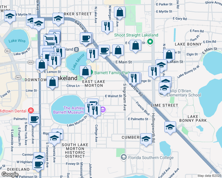 map of restaurants, bars, coffee shops, grocery stores, and more near 909 1/2 East Orange Street in Lakeland