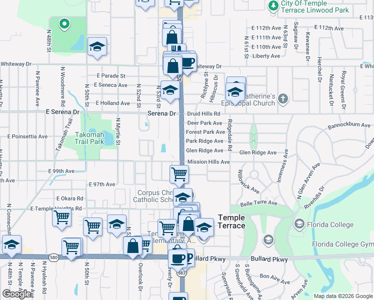 map of restaurants, bars, coffee shops, grocery stores, and more near 101 Park Ridge Avenue in Temple Terrace