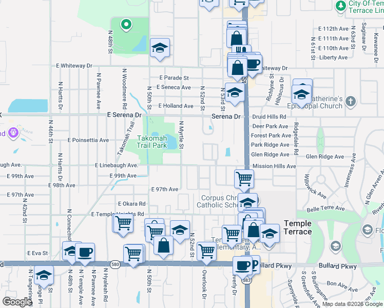 map of restaurants, bars, coffee shops, grocery stores, and more near 5108 Mission Hills Avenue in Tampa
