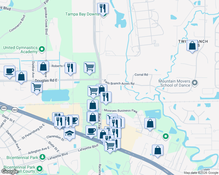 map of restaurants, bars, coffee shops, grocery stores, and more near 12810 Twin Branch Acres Road in Tampa