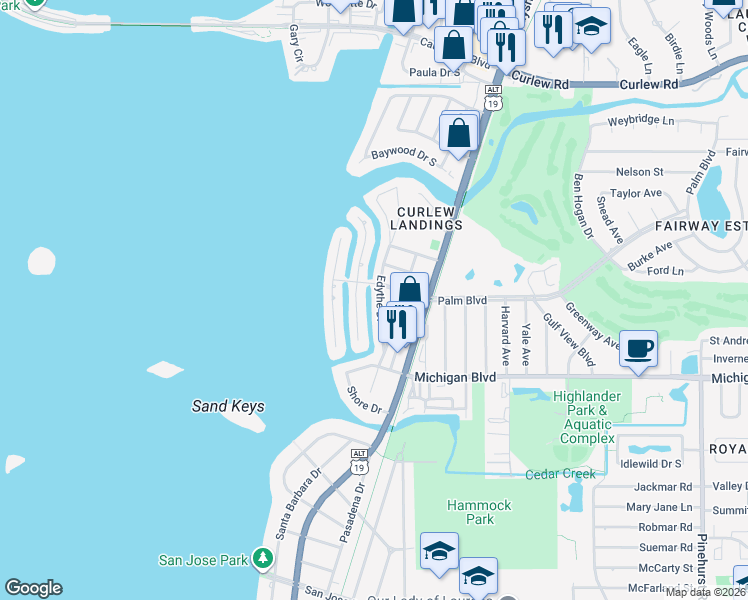 map of restaurants, bars, coffee shops, grocery stores, and more near 2183 Lagoon Drive in Dunedin