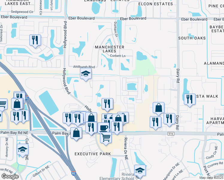 map of restaurants, bars, coffee shops, grocery stores, and more near 965 Potenza Drive in West Melbourne