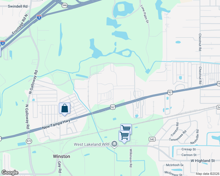 map of restaurants, bars, coffee shops, grocery stores, and more near 3045 New Tampa Highway in Lakeland