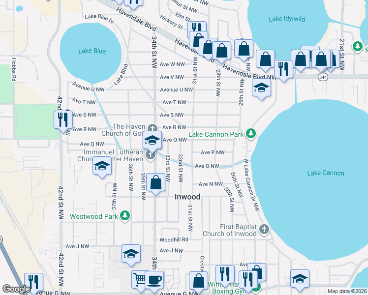 map of restaurants, bars, coffee shops, grocery stores, and more near 1607 31st Street Northwest in Winter Haven