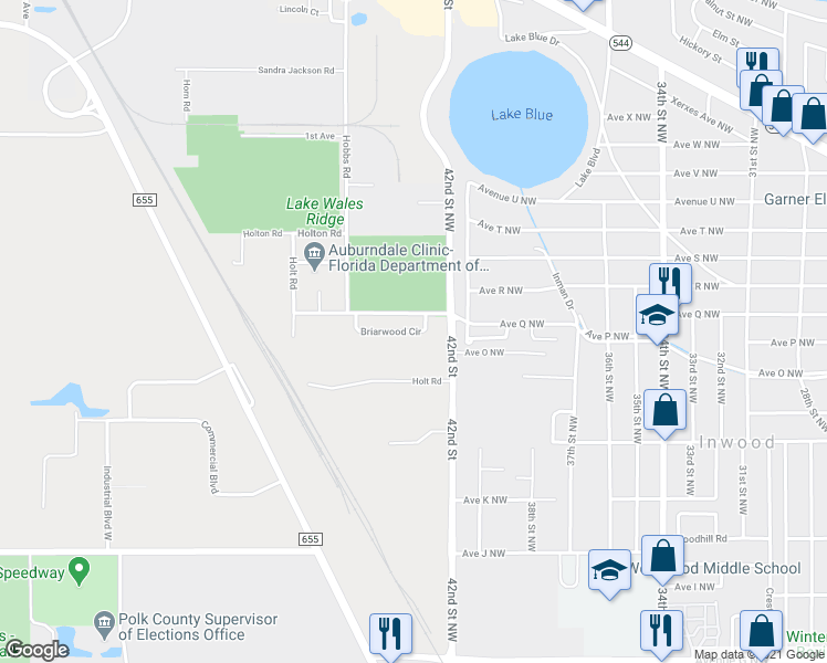 map of restaurants, bars, coffee shops, grocery stores, and more near 4335 Briarwood Circle in Auburndale
