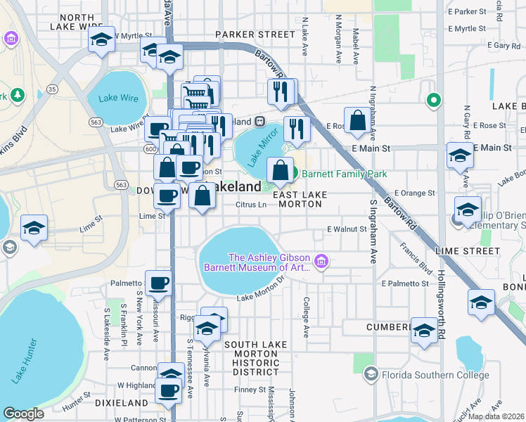 map of restaurants, bars, coffee shops, grocery stores, and more near 534 East Lime Street in Lakeland