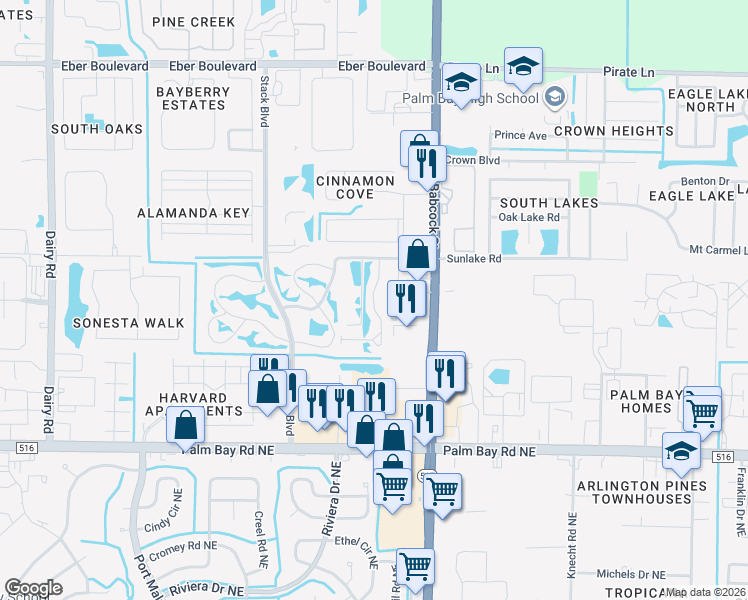 map of restaurants, bars, coffee shops, grocery stores, and more near 4591 Beck Lake Trail in Melbourne