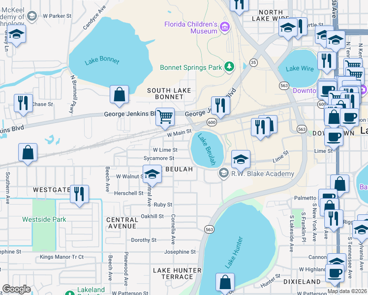map of restaurants, bars, coffee shops, grocery stores, and more near 1027 West Lime Street in Lakeland