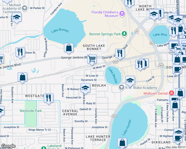 map of restaurants, bars, coffee shops, grocery stores, and more near 1111 West Lime Street in Lakeland