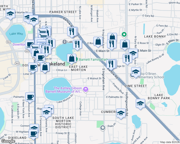 map of restaurants, bars, coffee shops, grocery stores, and more near 842 East Lime Street in Lakeland