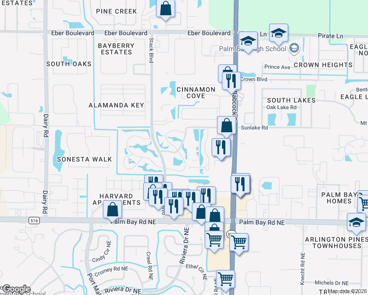 map of restaurants, bars, coffee shops, grocery stores, and more near 183 Lake in the Woods Drive in Melbourne