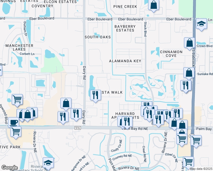 map of restaurants, bars, coffee shops, grocery stores, and more near 1165 Luminary Circle in Melbourne