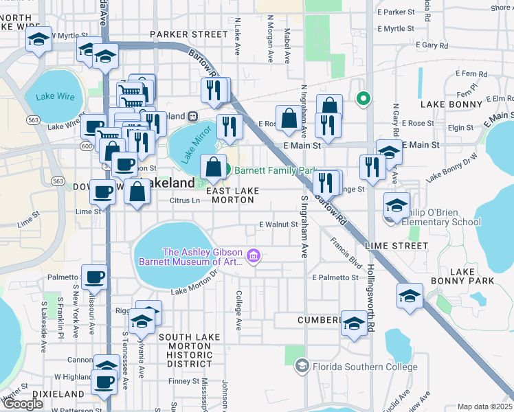 map of restaurants, bars, coffee shops, grocery stores, and more near 828 Lime Street in Lakeland