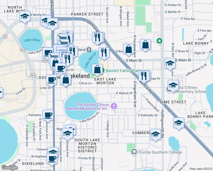 map of restaurants, bars, coffee shops, grocery stores, and more near 726 Lime Street in Lakeland