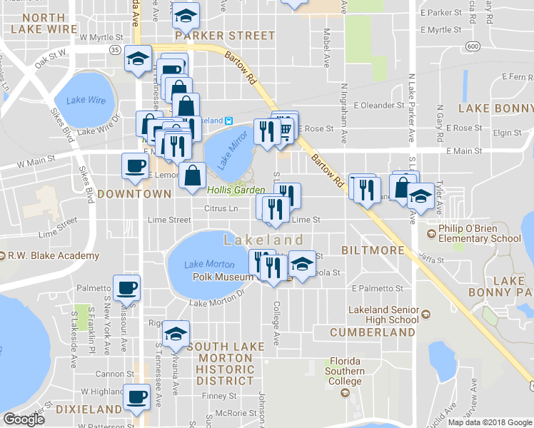 map of restaurants, bars, coffee shops, grocery stores, and more near 726 Lime Street in Lakeland