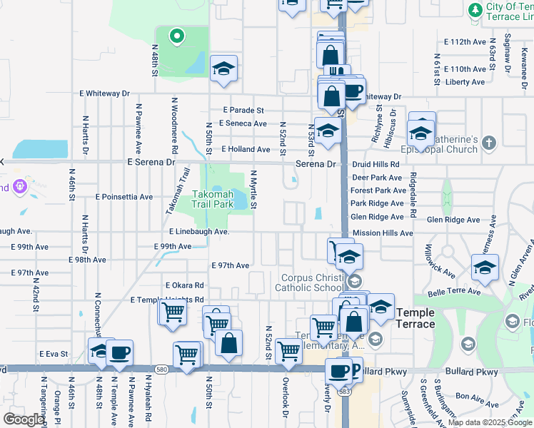 map of restaurants, bars, coffee shops, grocery stores, and more near 5108 Mission Hills Avenue in Tampa
