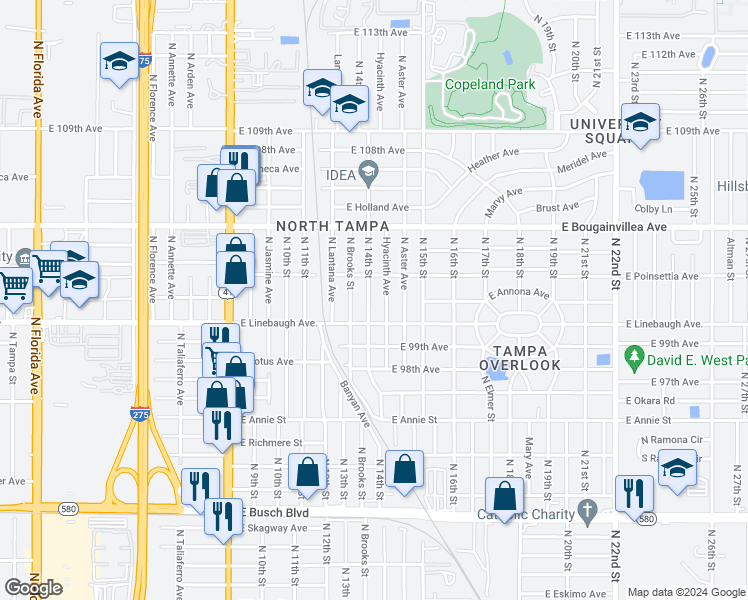 map of restaurants, bars, coffee shops, grocery stores, and more near 10014 Hyacinth Avenue in Tampa