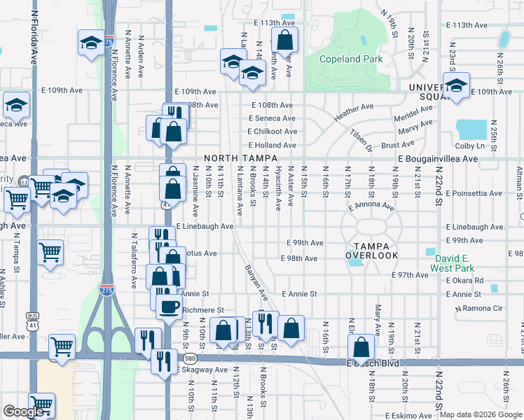 map of restaurants, bars, coffee shops, grocery stores, and more near 10014 North Brooks Street in Tampa