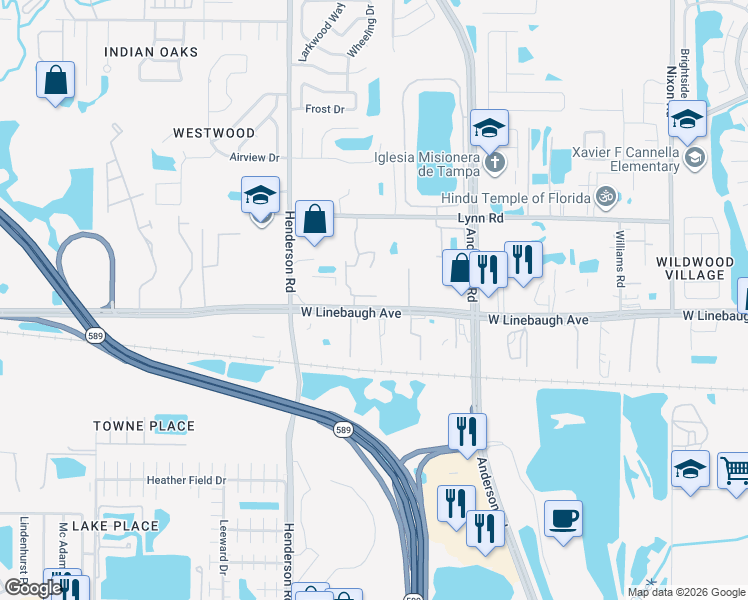 map of restaurants, bars, coffee shops, grocery stores, and more near 10017 Tranquility Way in Tampa