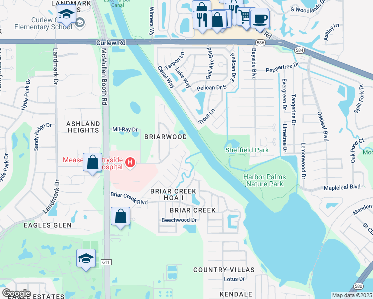 map of restaurants, bars, coffee shops, grocery stores, and more near 104 Sugar Bear Drive in Safety Harbor