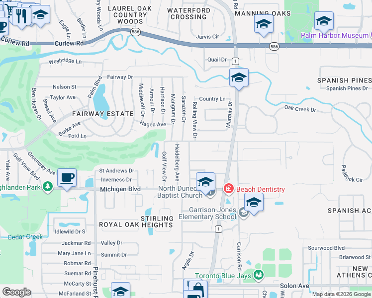 map of restaurants, bars, coffee shops, grocery stores, and more near 1529 Brady Drive in Dunedin