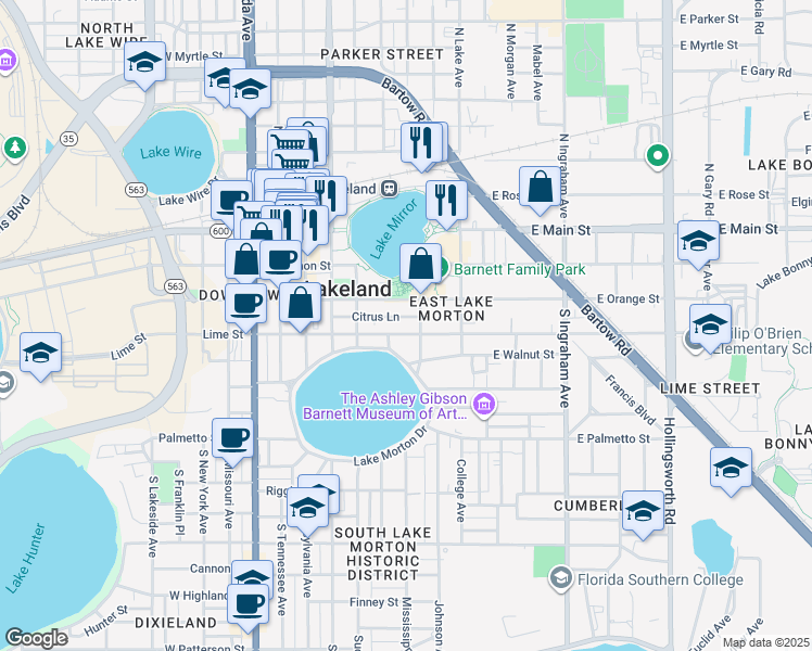 map of restaurants, bars, coffee shops, grocery stores, and more near 610 East Lime Street in Lakeland