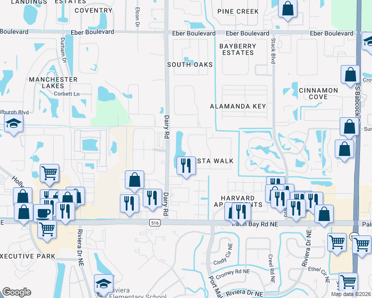 map of restaurants, bars, coffee shops, grocery stores, and more near 1160 Luminary Circle in Melbourne