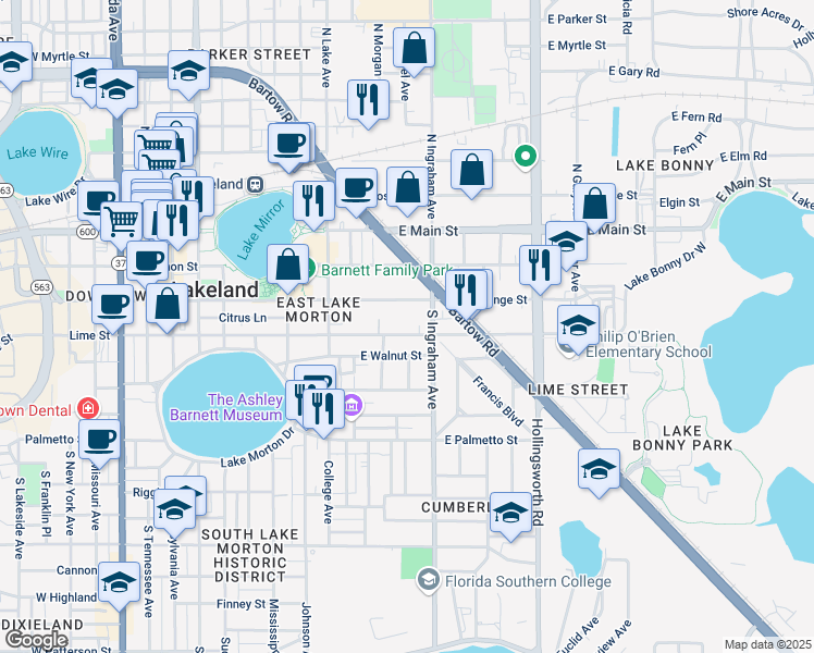 map of restaurants, bars, coffee shops, grocery stores, and more near 930 East Lime Street in Lakeland