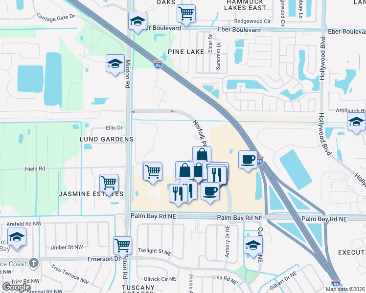 map of restaurants, bars, coffee shops, grocery stores, and more near 110 Sagecrest Circle in West Melbourne
