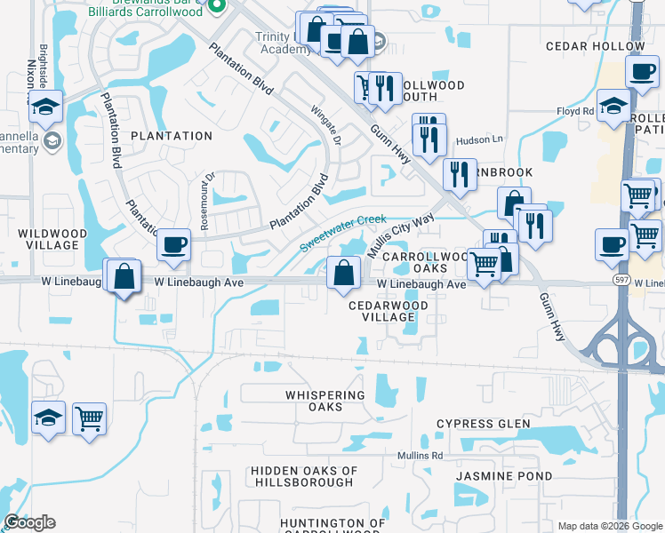 map of restaurants, bars, coffee shops, grocery stores, and more near 10024 Strafford Oak Court in Tampa