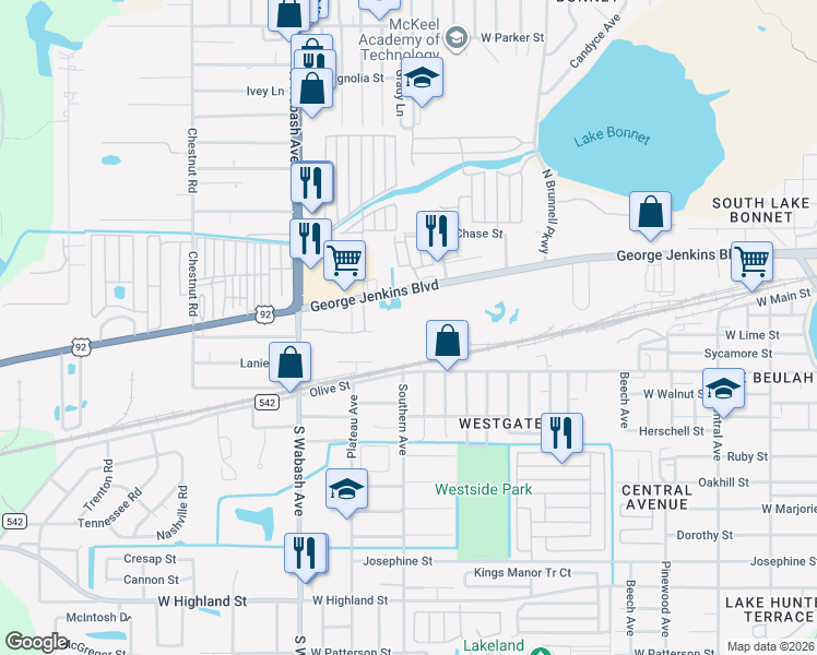 map of restaurants, bars, coffee shops, grocery stores, and more near 1936 George Jenkins Boulevard in Lakeland