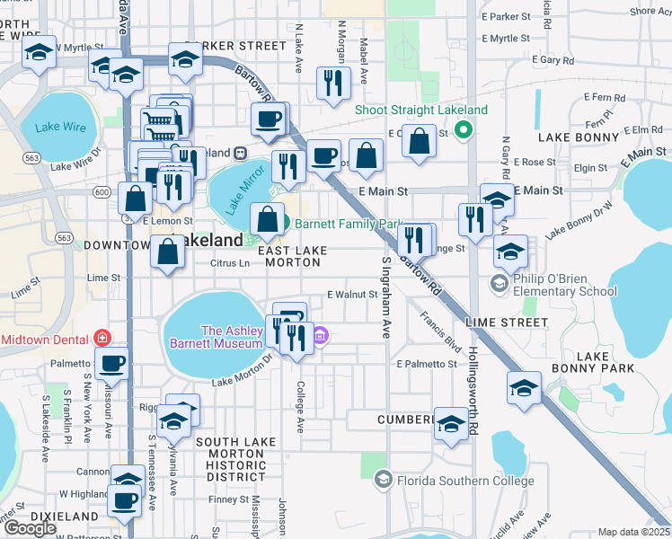 map of restaurants, bars, coffee shops, grocery stores, and more near 842 East Lime Street in Lakeland