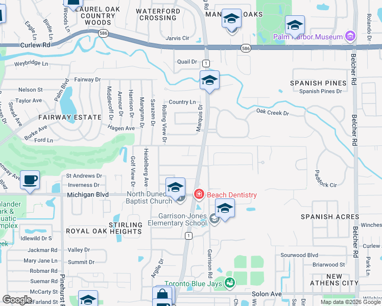 map of restaurants, bars, coffee shops, grocery stores, and more near 2365 Clark Cameron Drive in Dunedin