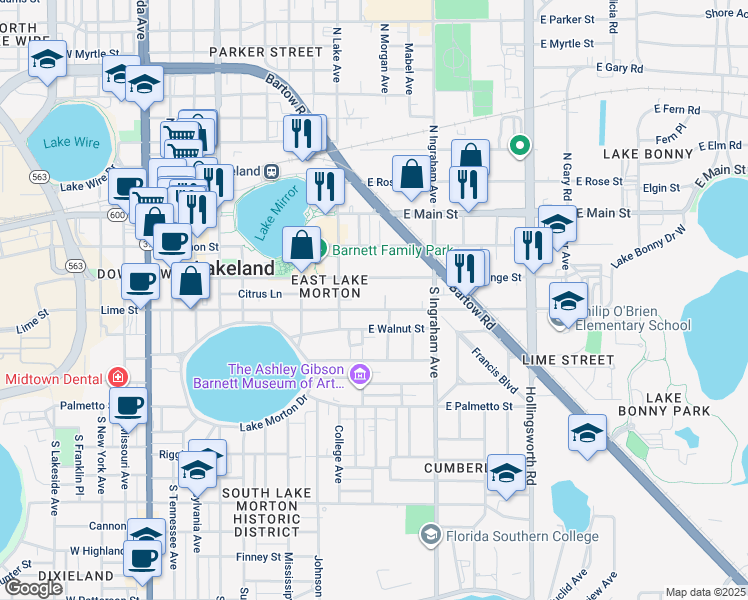 map of restaurants, bars, coffee shops, grocery stores, and more near 838 East Lime Street in Lakeland