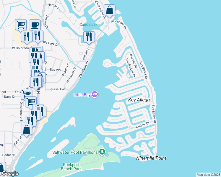 map of restaurants, bars, coffee shops, grocery stores, and more near 44 Flamingo Road in Rockport