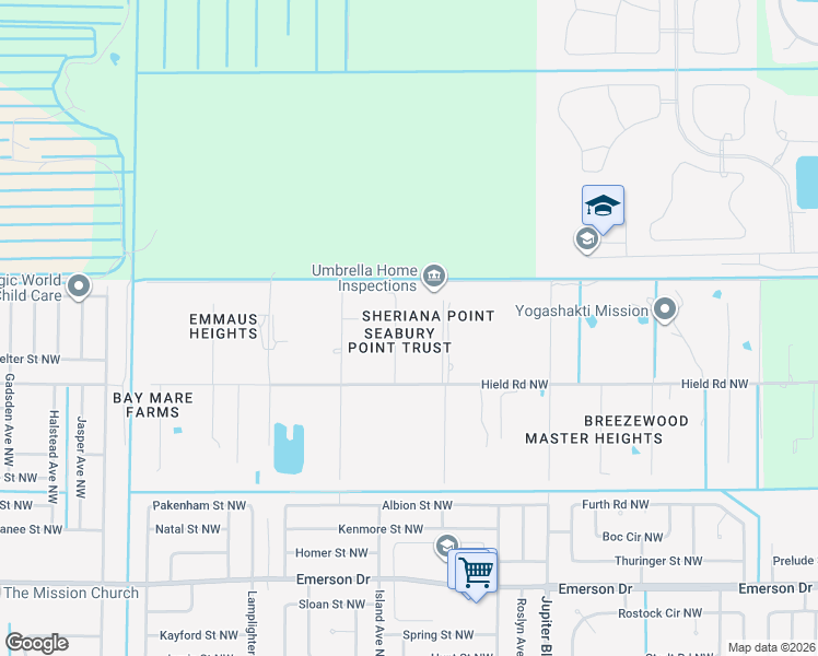 map of restaurants, bars, coffee shops, grocery stores, and more near 1651 Seabury Point Road Northwest in Palm Bay