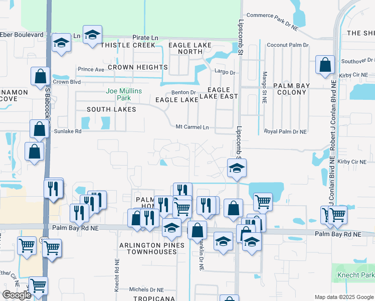 map of restaurants, bars, coffee shops, grocery stores, and more near 4317 Kaileen Circle Northeast in Palm Bay