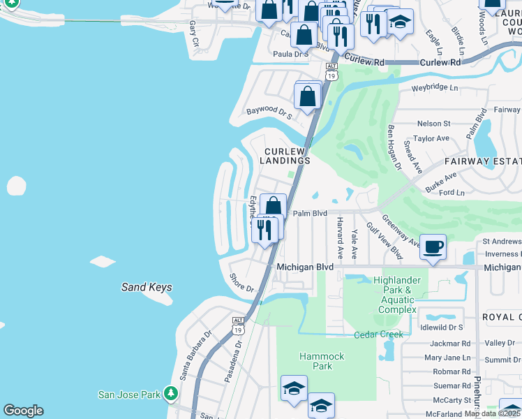 map of restaurants, bars, coffee shops, grocery stores, and more near 73 Palm Boulevard in Dunedin