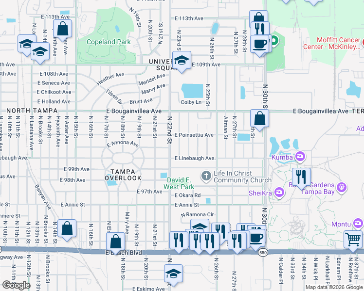 map of restaurants, bars, coffee shops, grocery stores, and more near 10014 North 23rd Street in Tampa