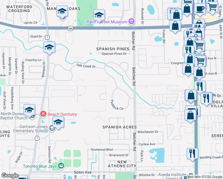 map of restaurants, bars, coffee shops, grocery stores, and more near 2111 Paddock Circle in Dunedin