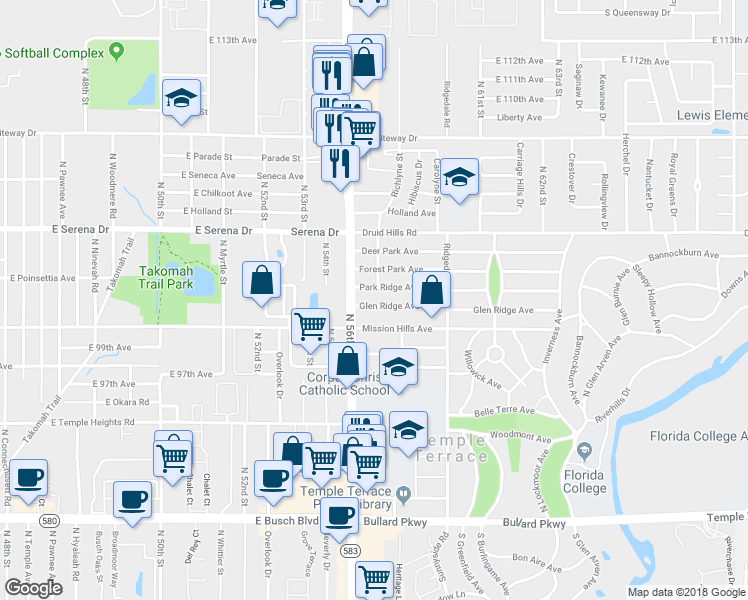 map of restaurants, bars, coffee shops, grocery stores, and more near 106 Glen Ridge Avenue in Temple Terrace