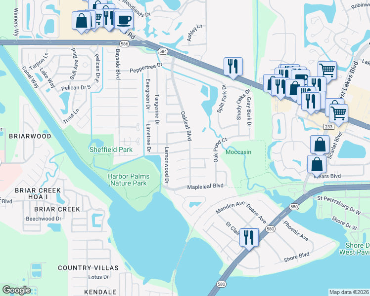 map of restaurants, bars, coffee shops, grocery stores, and more near 1802 Greenwood Drive in Oldsmar