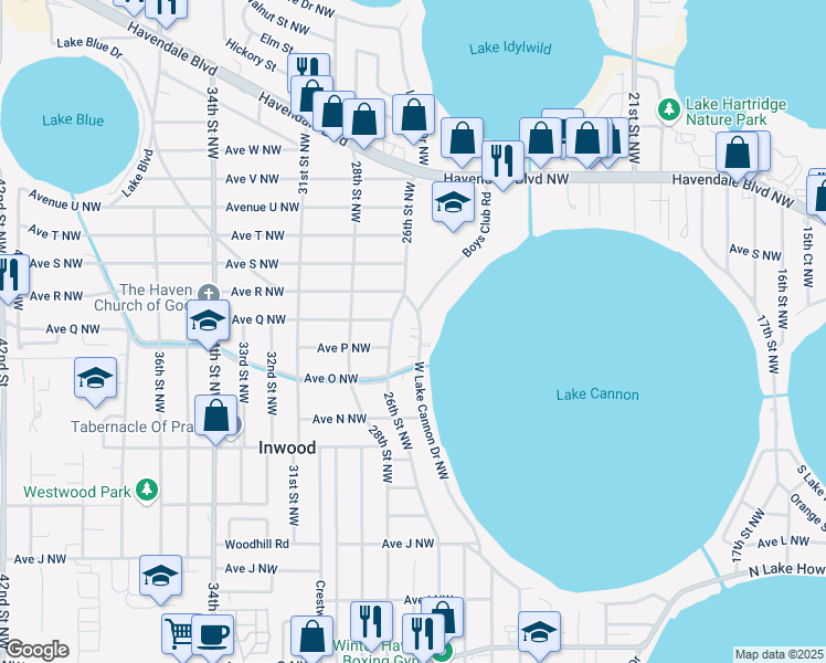 map of restaurants, bars, coffee shops, grocery stores, and more near 1515 West Lake Cannon Drive Northwest in Winter Haven
