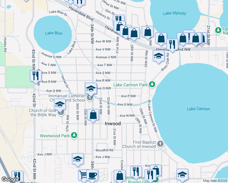 map of restaurants, bars, coffee shops, grocery stores, and more near 1607 31st Street Northwest in Winter Haven
