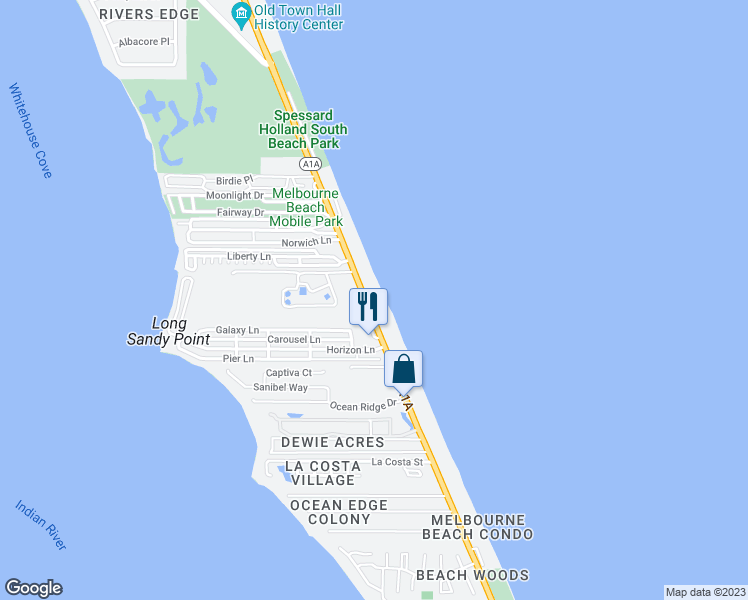map of restaurants, bars, coffee shops, grocery stores, and more near 2963 South Highway A1A in Melbourne Beach