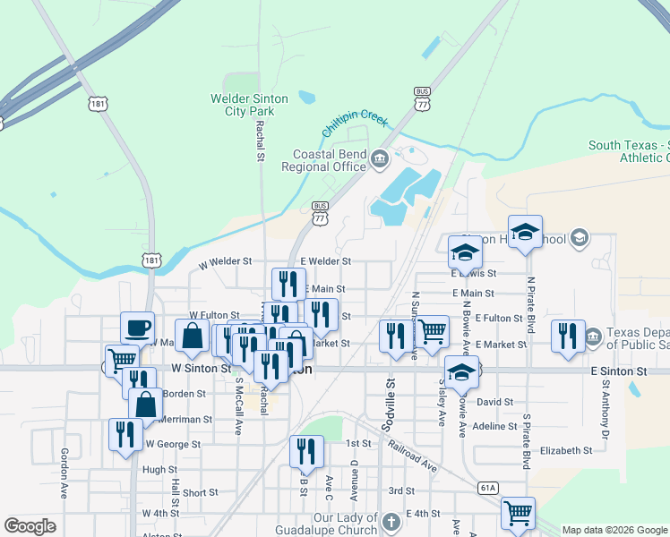 map of restaurants, bars, coffee shops, grocery stores, and more near 308 East Welder Street in Sinton