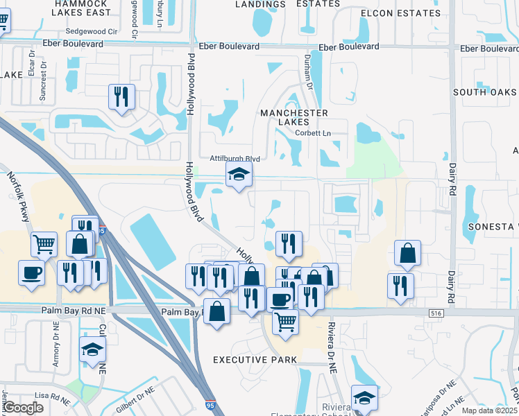 map of restaurants, bars, coffee shops, grocery stores, and more near 4650 Academic Ln Liftst in West Melbourne