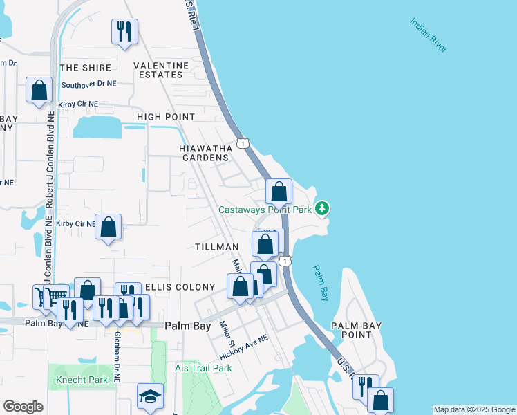 map of restaurants, bars, coffee shops, grocery stores, and more near 1748b Wipperman Avenue Northeast in Palm Bay