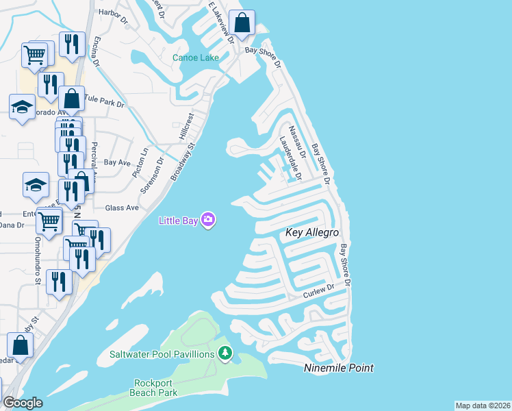 map of restaurants, bars, coffee shops, grocery stores, and more near 44 Flamingo Road in Rockport